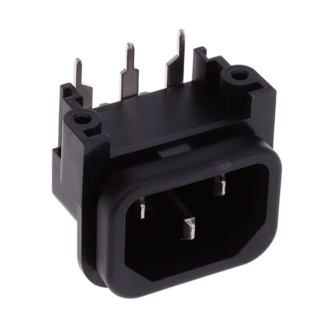 Power Entry Connector Receptacle, Male Blades IEC 320-C14 Panel Mount, Flange; Through Hole, Right Angle